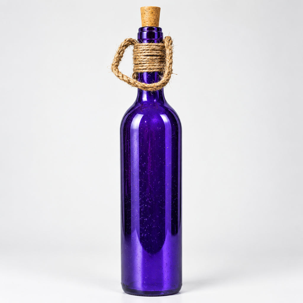 Purple Glass Bottle with Cork at opening and LED Stary String Lights inside