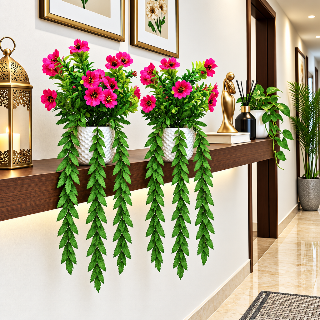 Pack of 2 White Textures Plastic Pots with artificial Pink Blossoms Plants