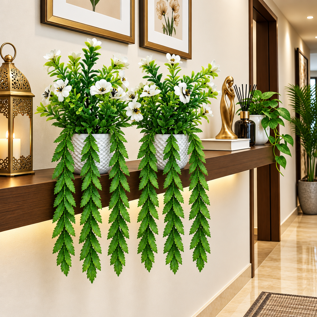 Pack of 2 White Textures Plastic Pots with artificial White Blossoms Plants