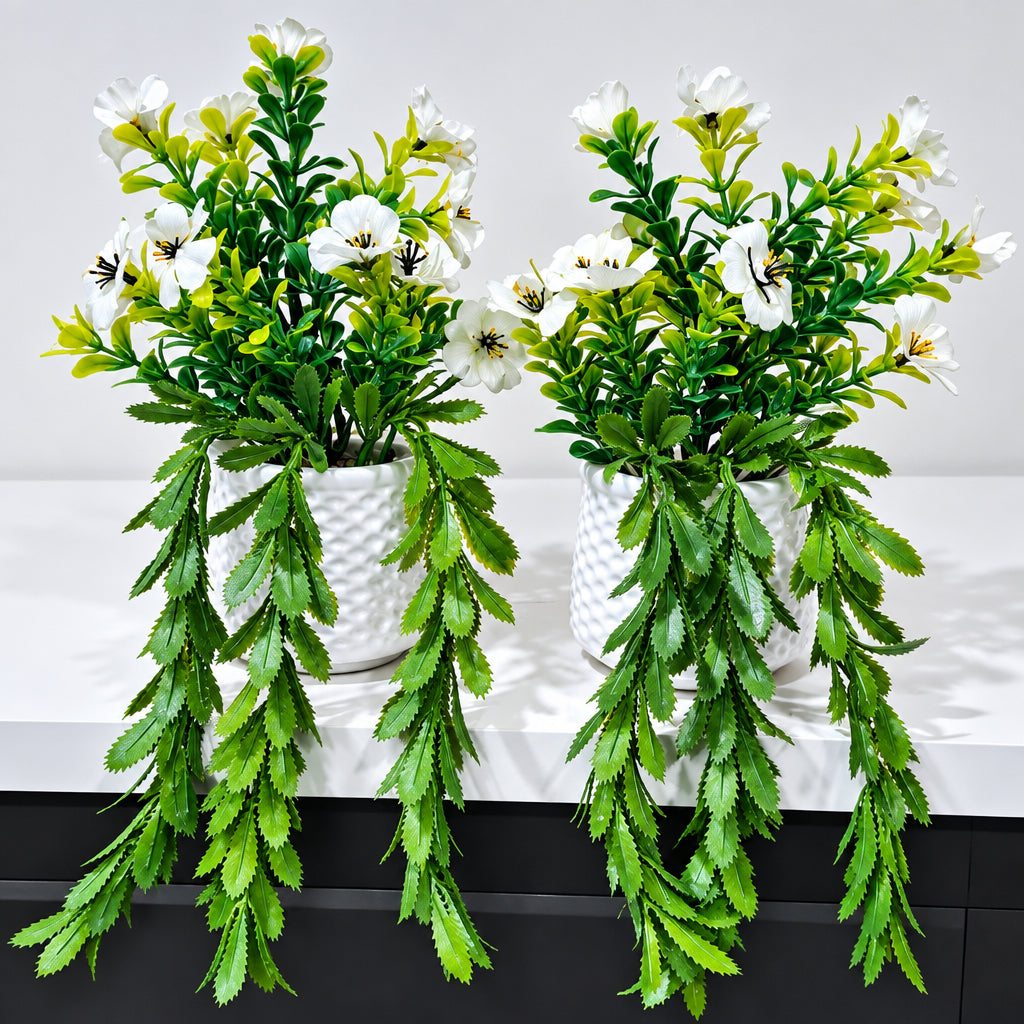 Pack of 2 White Textures Plastic Pots with artificial White Blossoms Plants