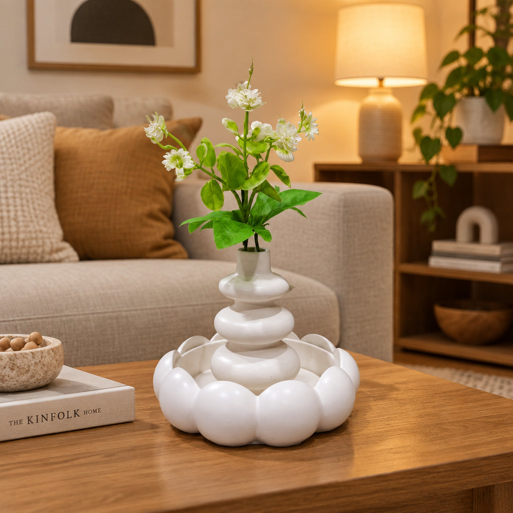 Nordic-style stacked-bubble flower vase set with a matching tray and artificial floral arrangement