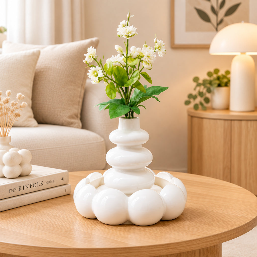 Nordic-style stacked-bubble flower vase set with a matching tray and artificial floral arrangement