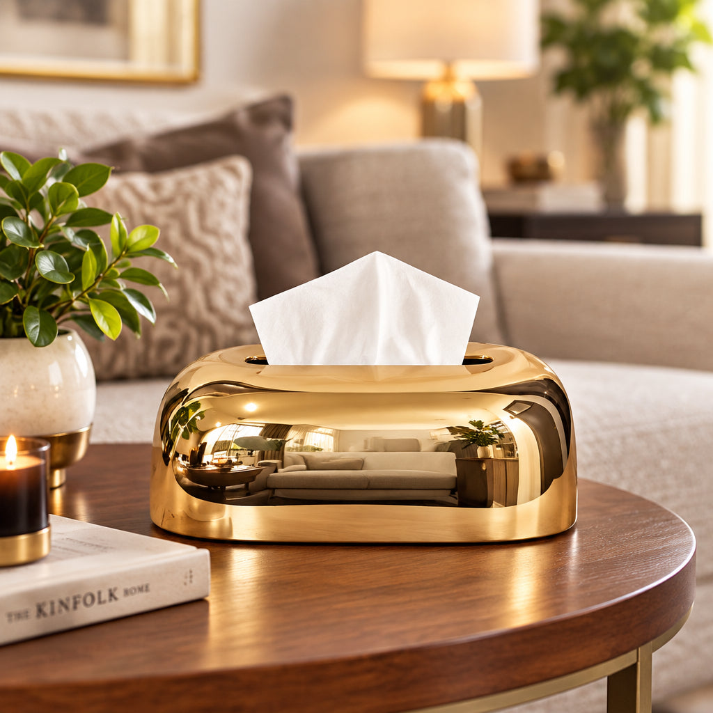 A Glossy Golden Mirror-finish Tissue Box Holder