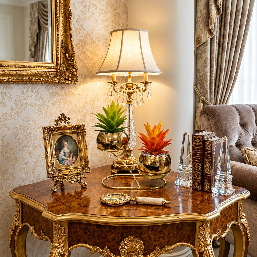 Golden Metallic Stand with 2 Golden Ceramic Pots with Cactus Plants