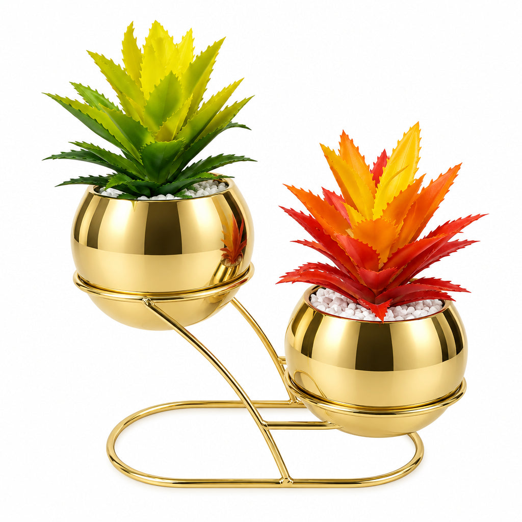 Golden Metallic Stand with 2 Golden Ceramic Pots with Cactus Plants