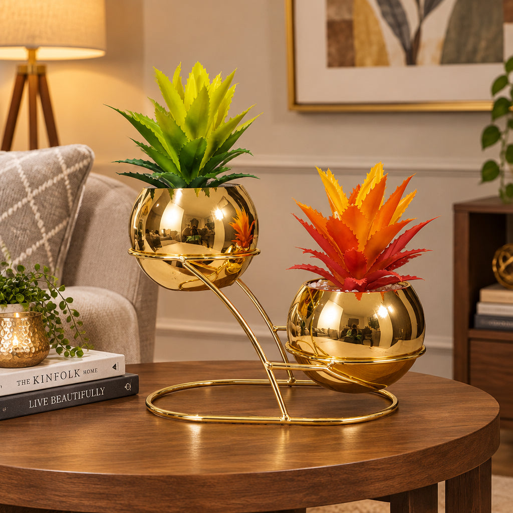 Golden Metallic Stand with 2 Golden Ceramic Pots with Cactus Plants