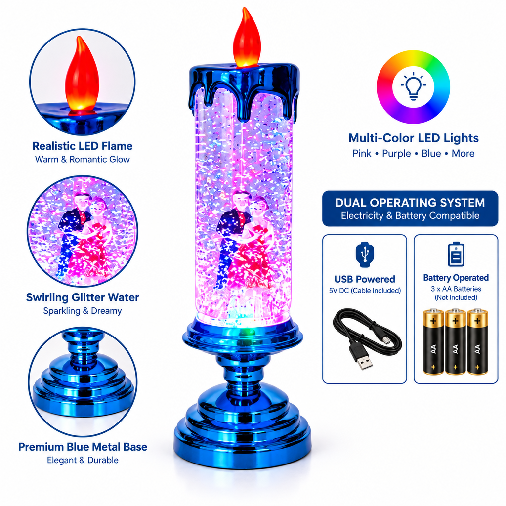 Blue Couple Candle Lamp with Water Swirling Glitter and Multi-Color LED with dual operating system – with Electricity as well as with