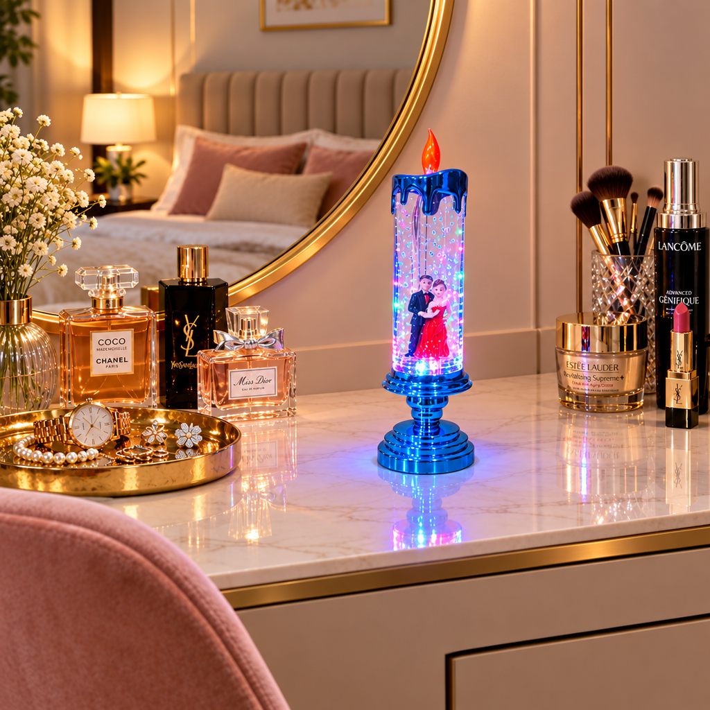 Blue Couple Candle Lamp with Water Swirling Glitter and Multi-Color LED with dual operating system – with Electricity as well as with