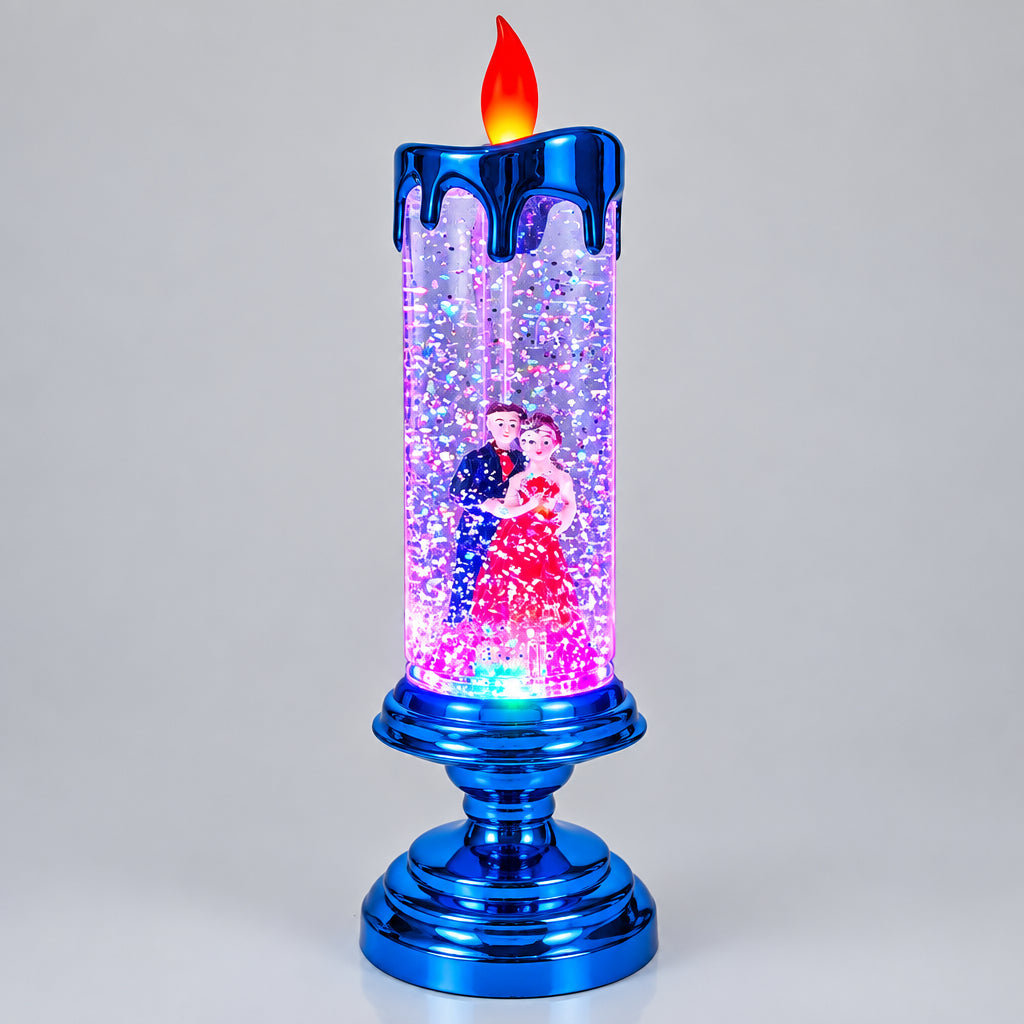 Blue Couple Candle Lamp with Water Swirling Glitter and Multi-Color LED with dual operating system – with Electricity as well as with