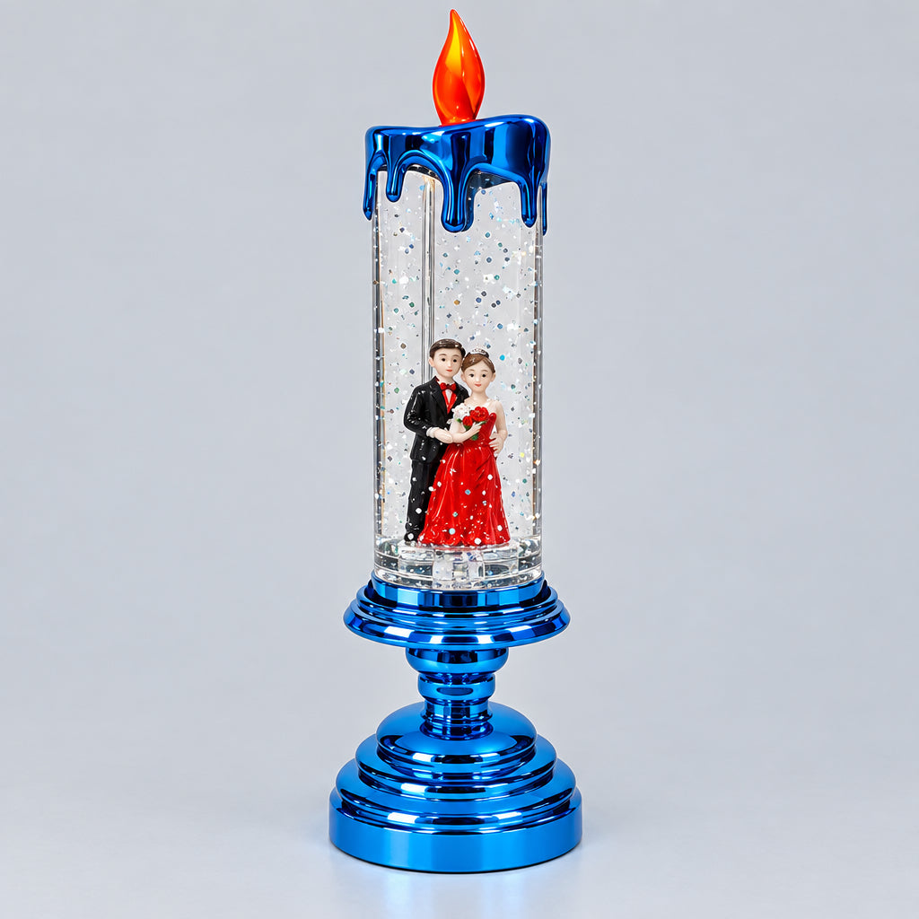 Blue Couple Candle Lamp with Water Swirling Glitter and Multi-Color LED with dual operating system – with Electricity as well as with