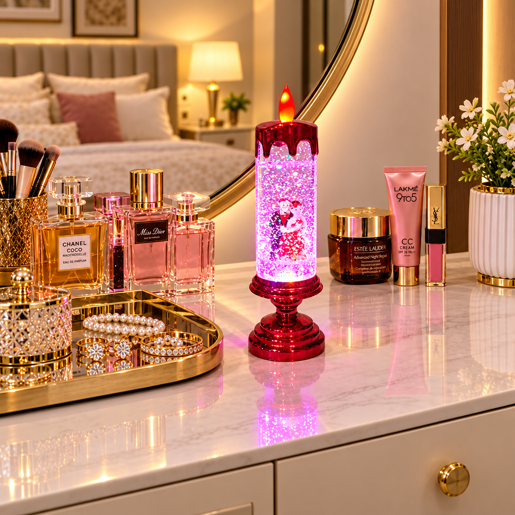 Red Couple Candle Lamp with Water Swirling Glitter and Multi-Color LED with dual operating system – with Electricity as well as with