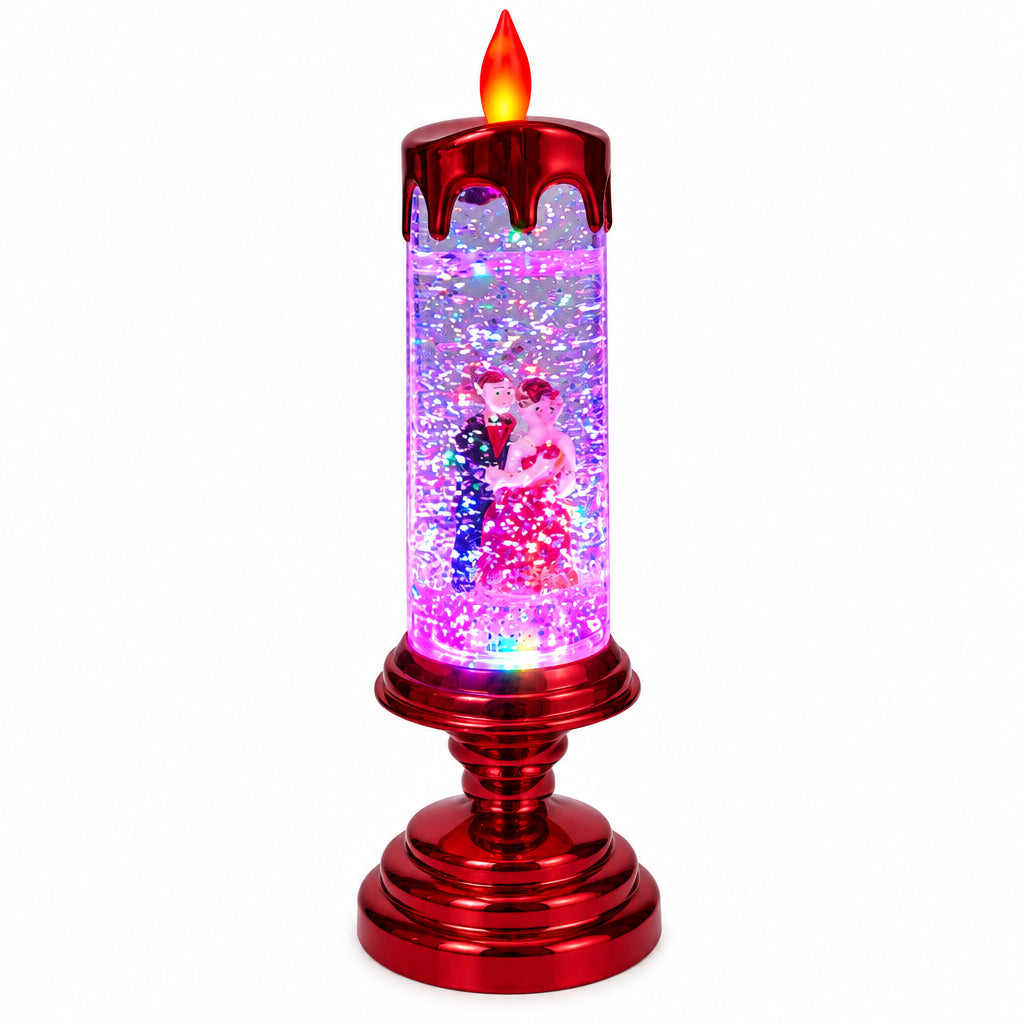 Red Couple Candle Lamp with Water Swirling Glitter and Multi-Color LED with dual operating system – with Electricity as well as with