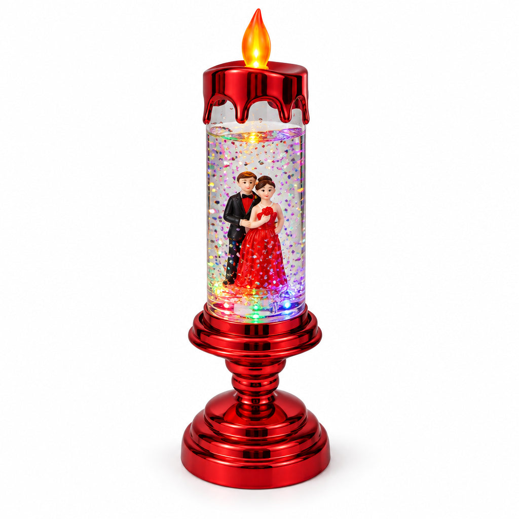 Red Couple Candle Lamp with Water Swirling Glitter and Multi-Color LED with dual operating system – with Electricity as well as with