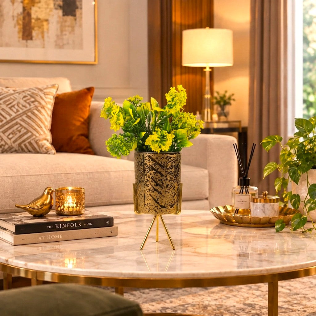 Golden Ceramic Pot with Artificial Green-Yellow Plant on a Golden Metallic Tripod Stand