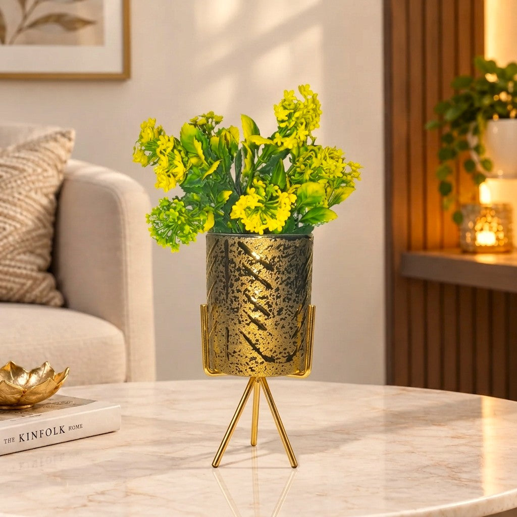 Golden Ceramic Pot with Artificial Green-Yellow Plant on a Golden Metallic Tripod Stand