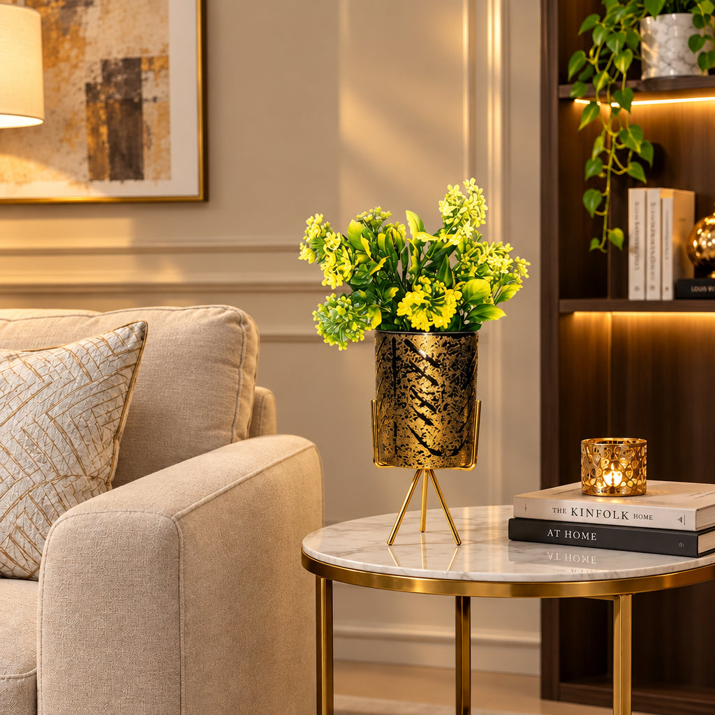 Golden Ceramic Pot with Artificial Green-Yellow Plant on a Golden Metallic Tripod Stand
