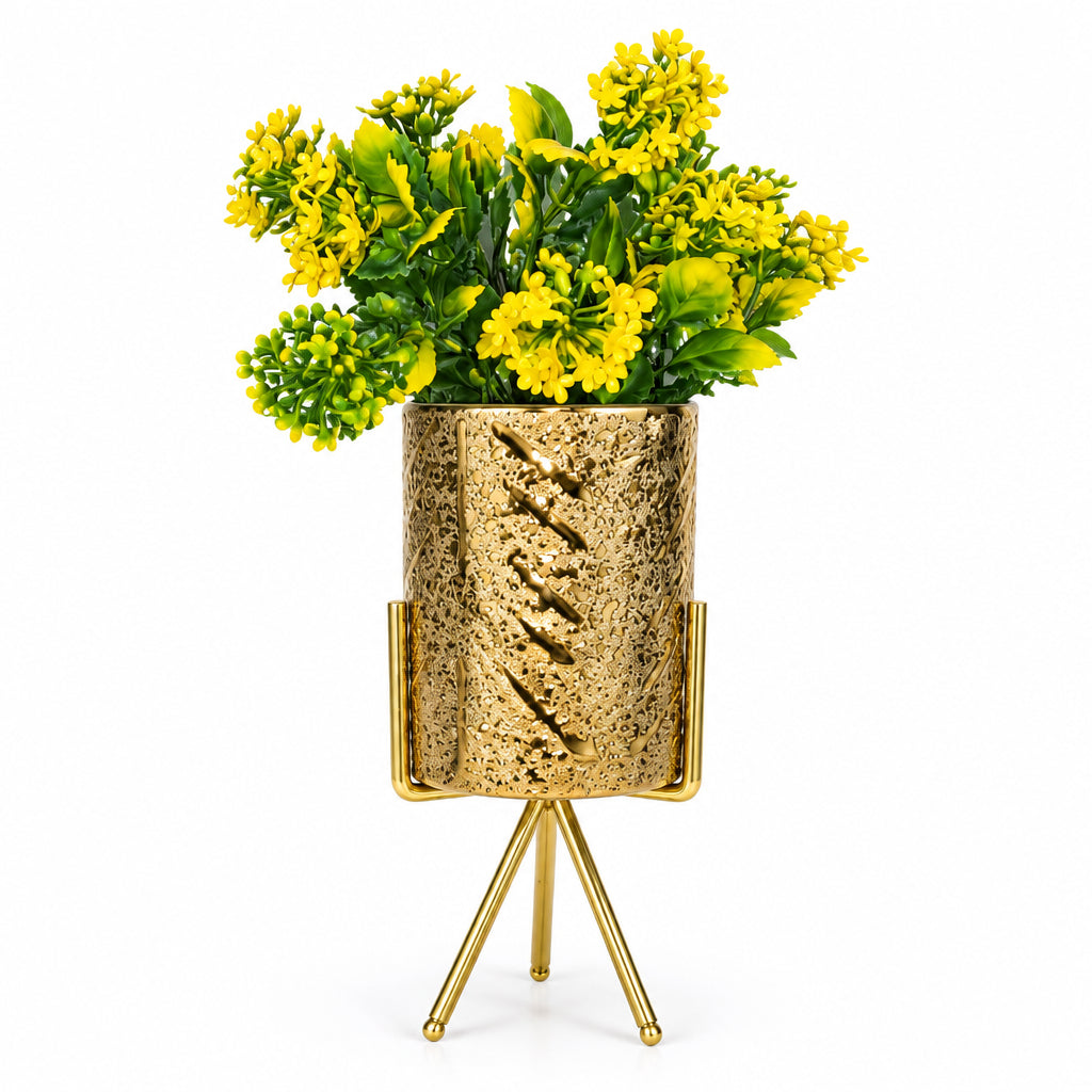Golden Ceramic Pot with Artificial Green-Yellow Plant on a Golden Metallic Tripod Stand