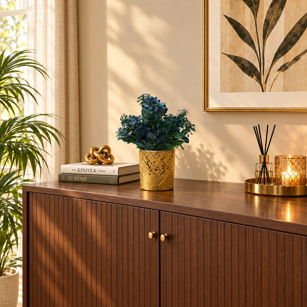 Golden Textured Ceramic Pot with Artificial Blue Flowers & Green leaves Plant