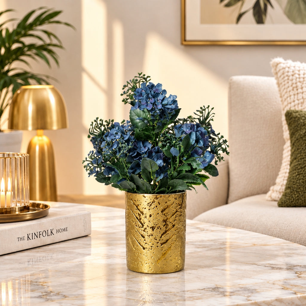 Golden Textured Ceramic Pot with Artificial Blue Flowers & Green leaves Plant