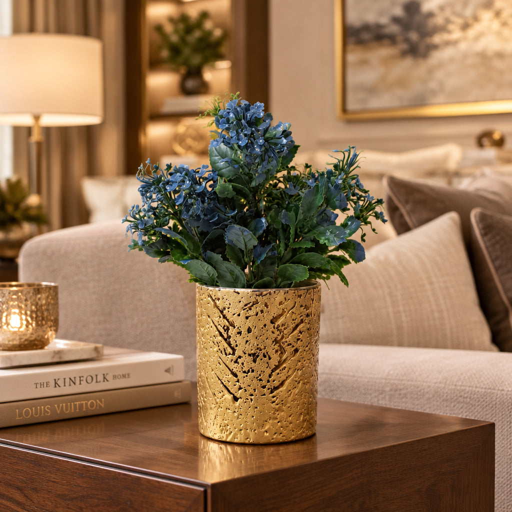 Golden Textured Ceramic Pot with Artificial Blue Flowers & Green leaves Plant