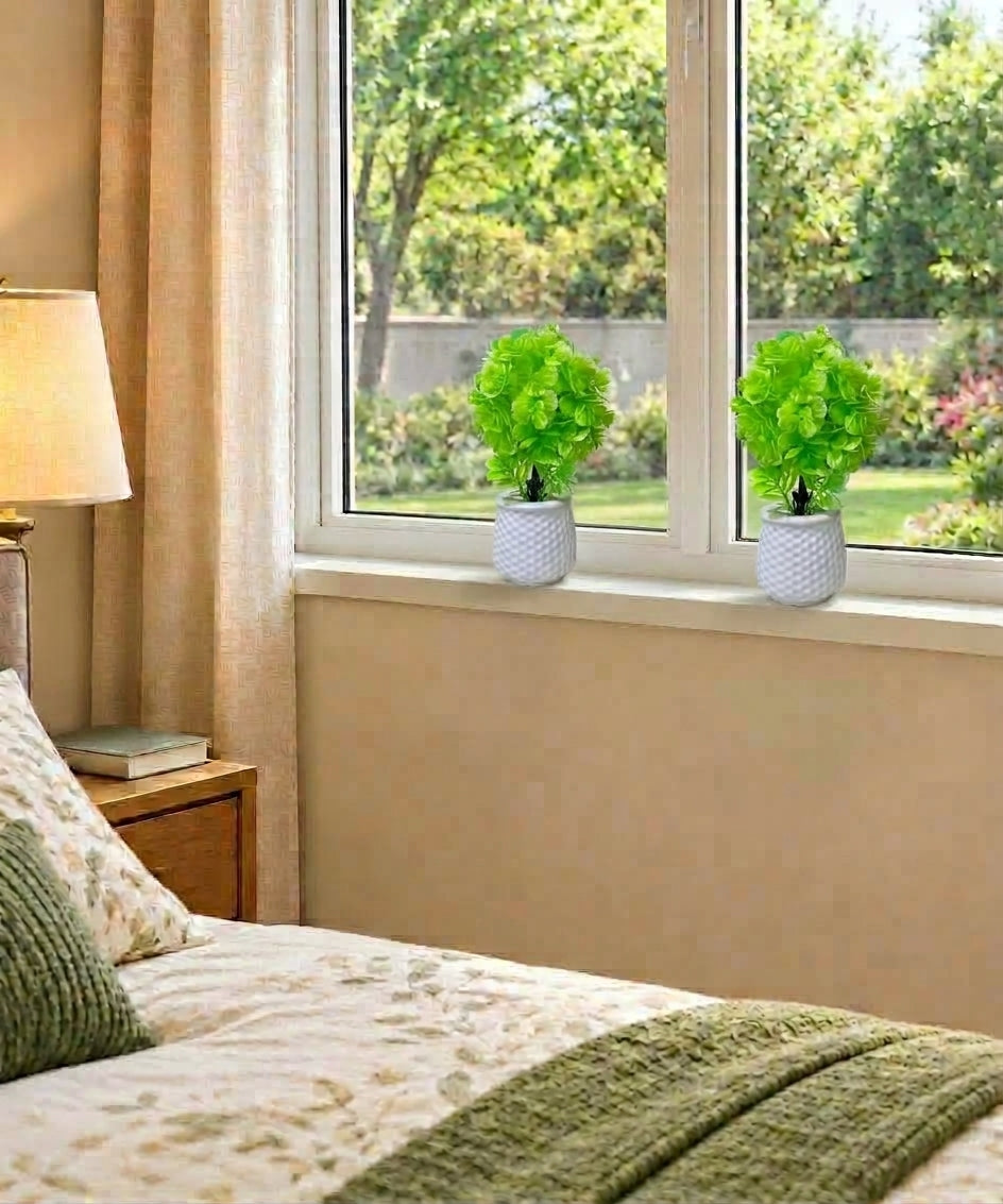 Pack of 2 White Textured Plastic Pots with artificial light green foliage plant
