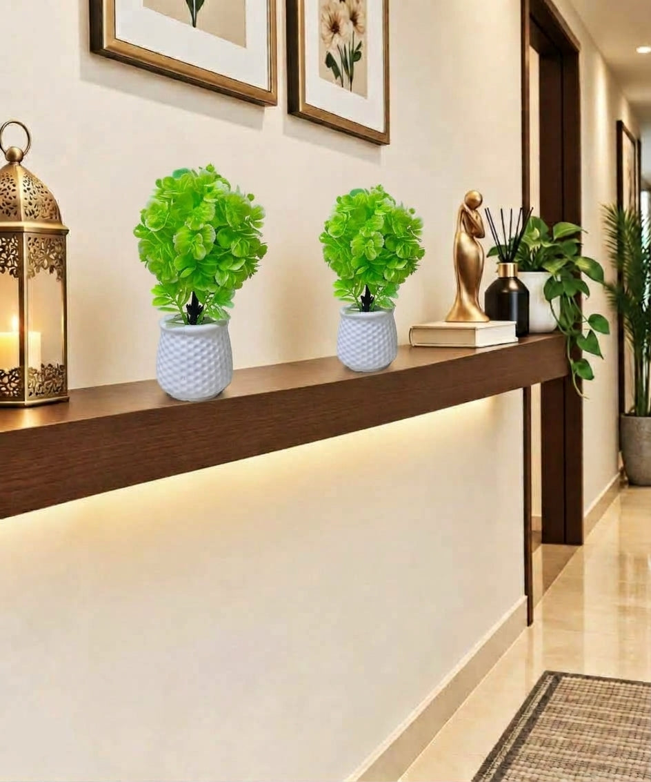 Pack of 2 White Textured Plastic Pots with artificial light green foliage plant