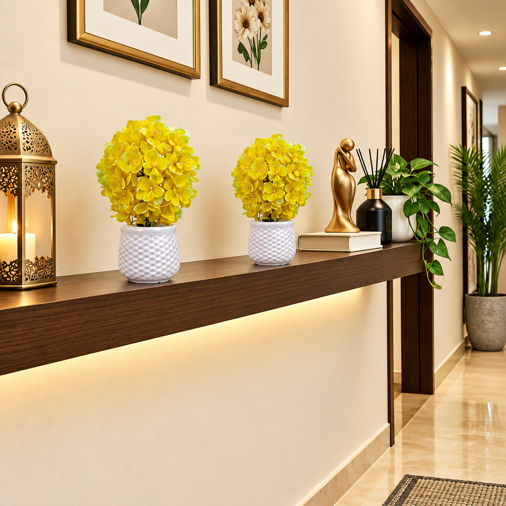 Pack of 2 White Textured Plastic Pots with artificial Yellow Plant