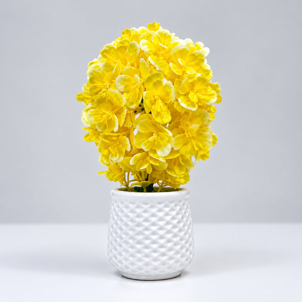 Pack of 2 White Textured Plastic Pots with artificial Yellow Plant