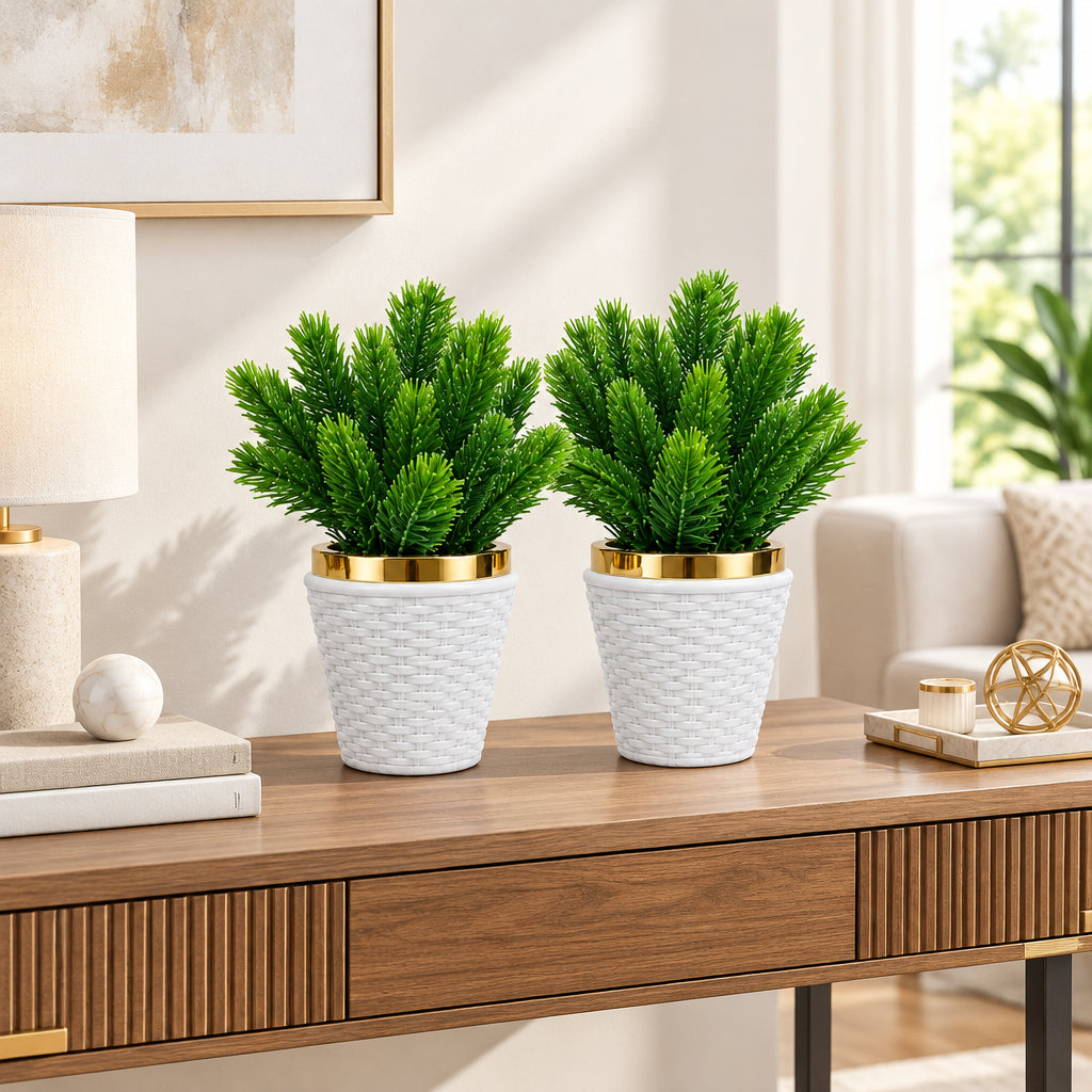 Pack of 2 White Cone shaped Textured Plastic Pot with Artificial Green Pine Plant