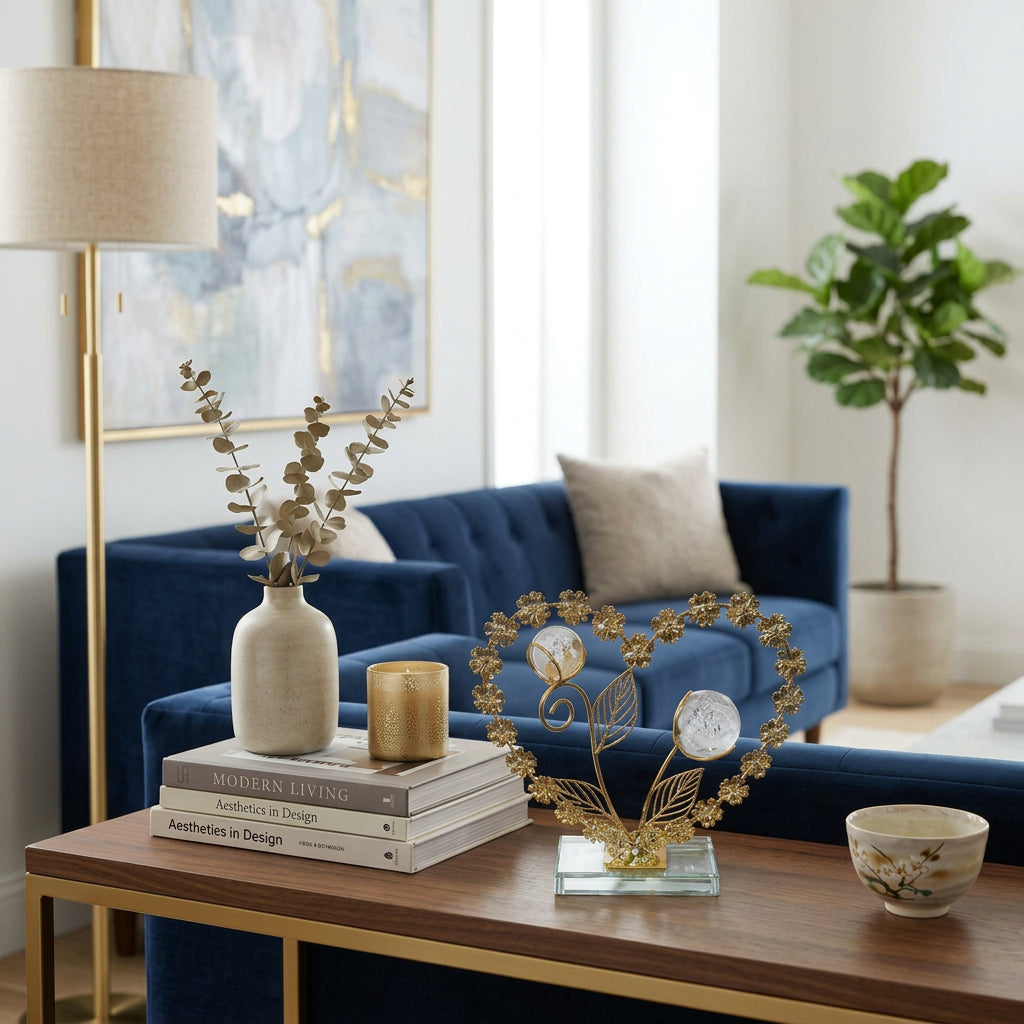 Golden heart-shaped tabletop ornament featuring Crystal Balls, Metallic Leaves, and a clear glass b
