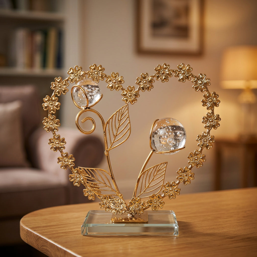 Golden heart-shaped tabletop ornament featuring Crystal Balls, Metallic Leaves, and a clear glass b