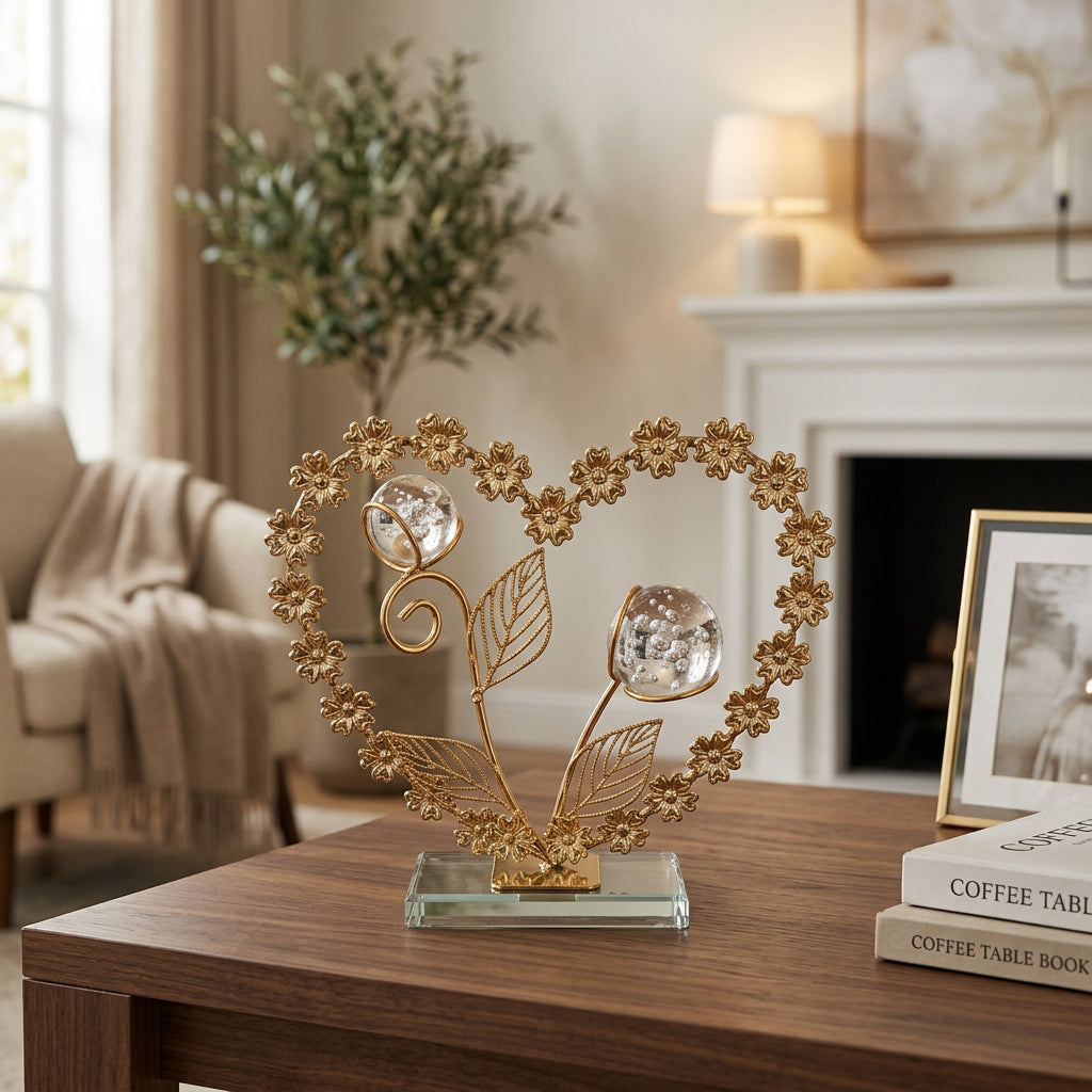 Golden heart-shaped tabletop ornament featuring Crystal Balls, Metallic Leaves, and a clear glass b
