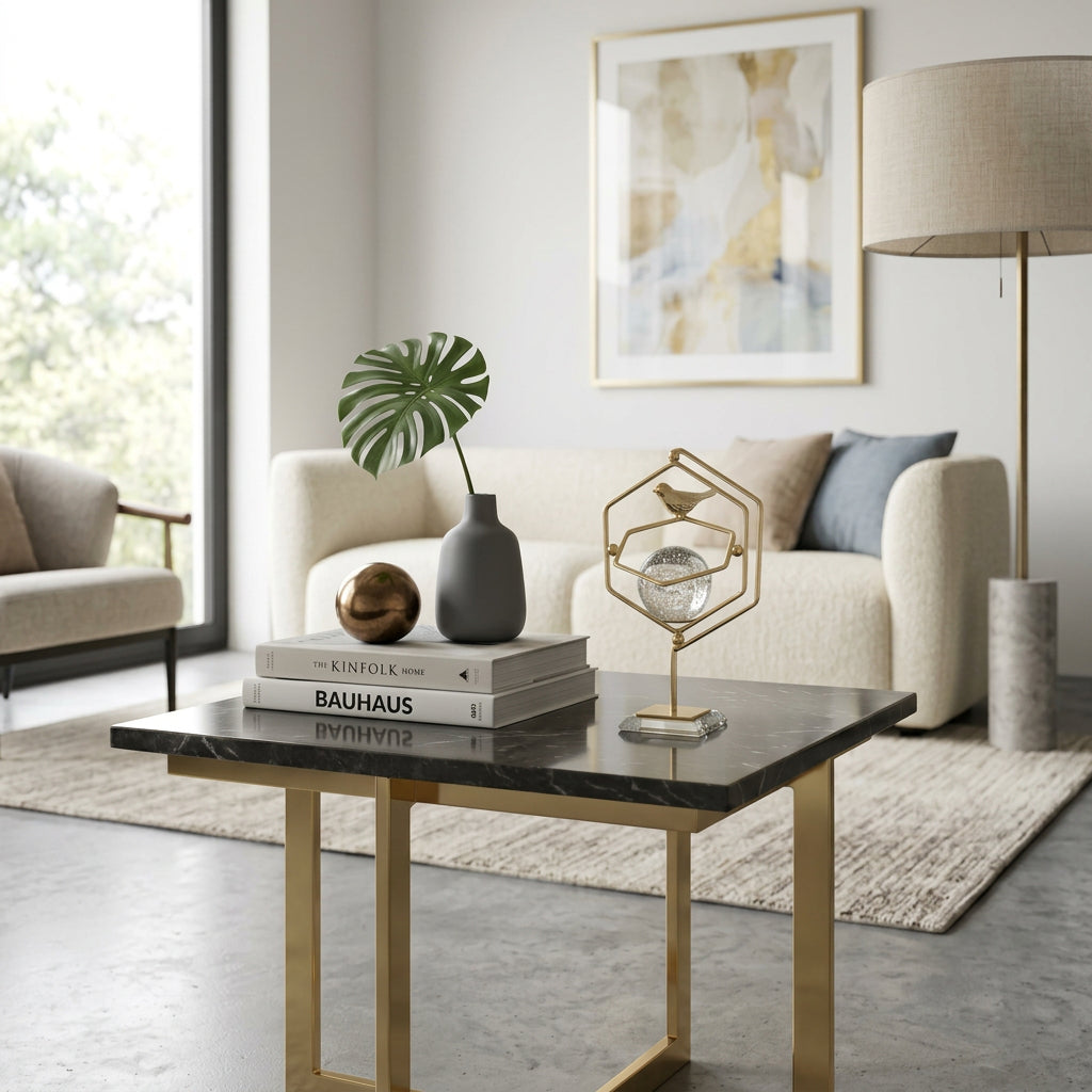 Golden Geometric tabletop ornament featuring Crystal Ball, Metallic Bird, and a clear glass base.