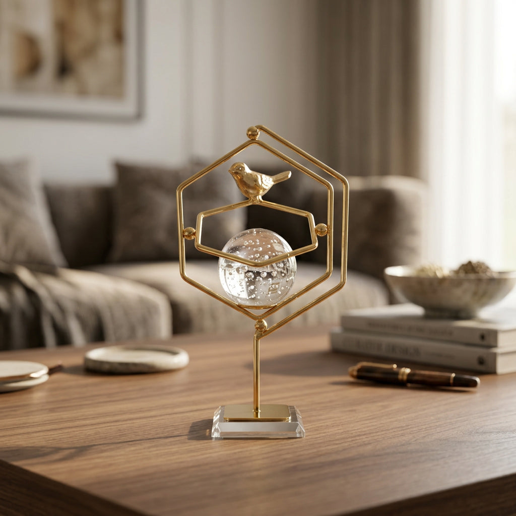Golden Geometric tabletop ornament featuring Crystal Ball, Metallic Bird, and a clear glass base.