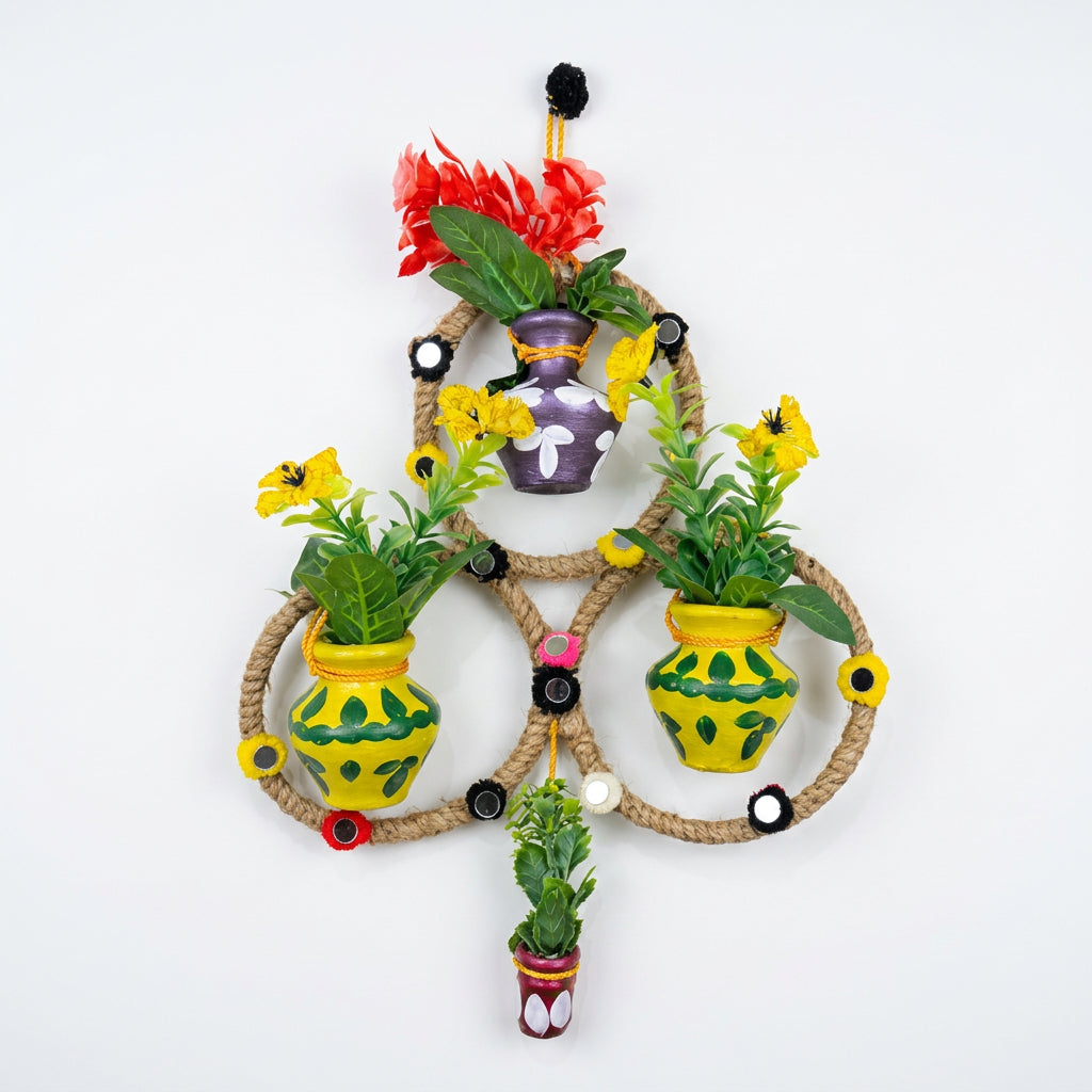 Handmade Triple Ring Wall Hanging with Painted Mud Pots and Artificial Flowers