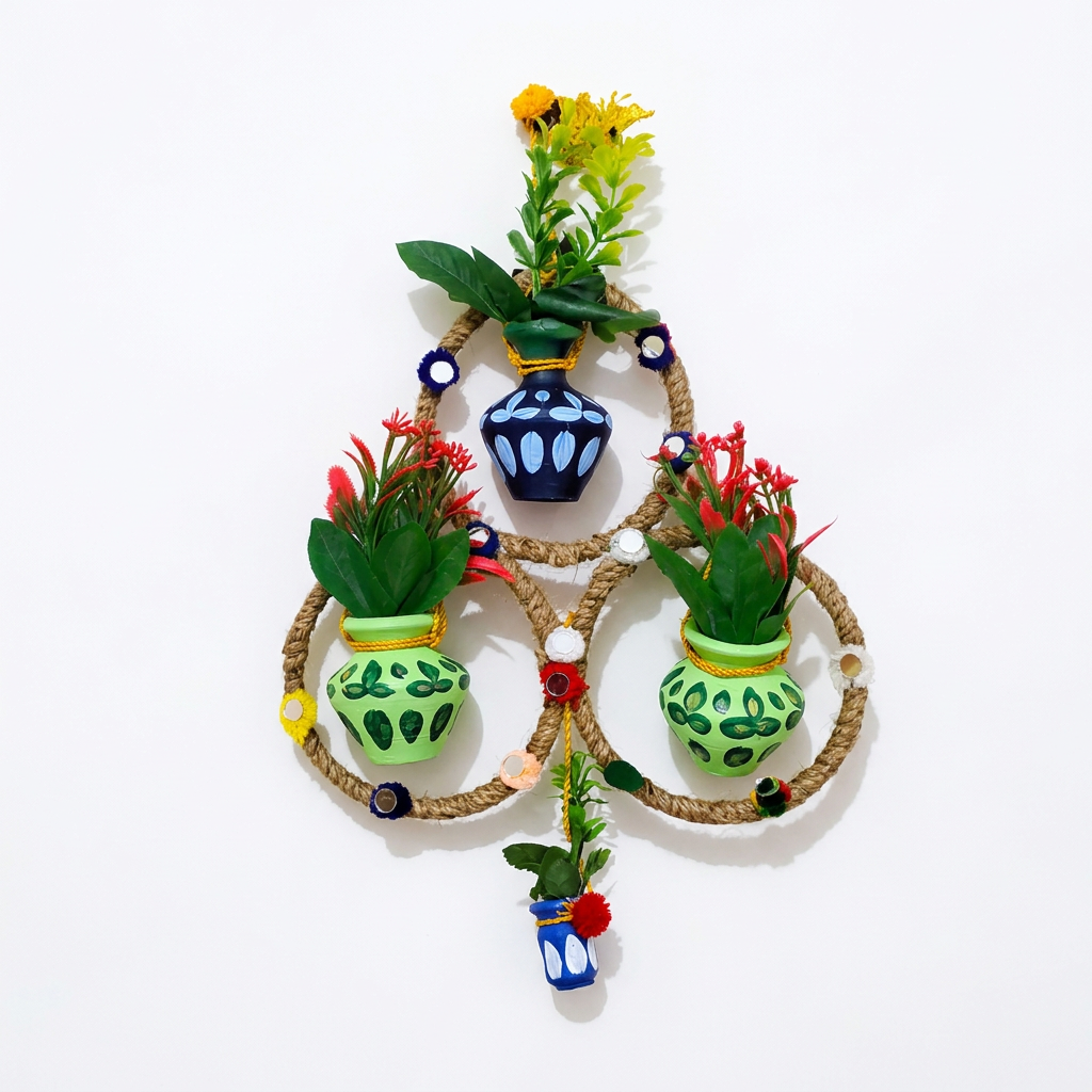 Handmade Triple Ring Wall Hanging with Painted Mud Pots and Artificial Flowers