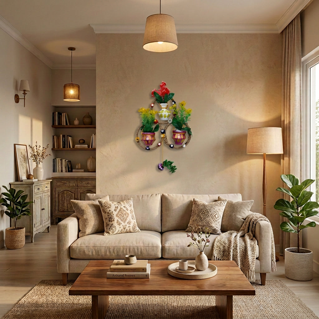 Handmade Triple Ring Wall Hanging with Painted Mud Pots and Artificial Flowers