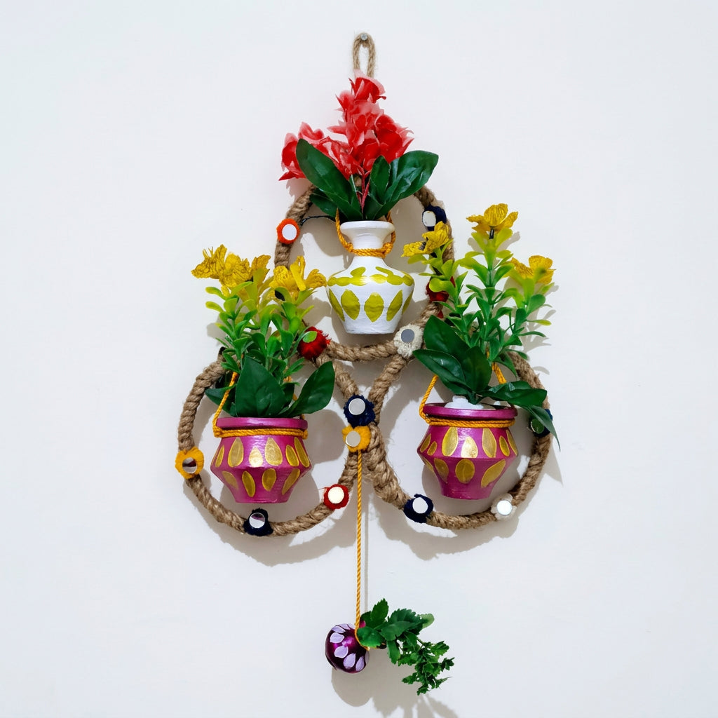 Handmade Triple Ring Wall Hanging with Painted Mud Pots and Artificial Flowers