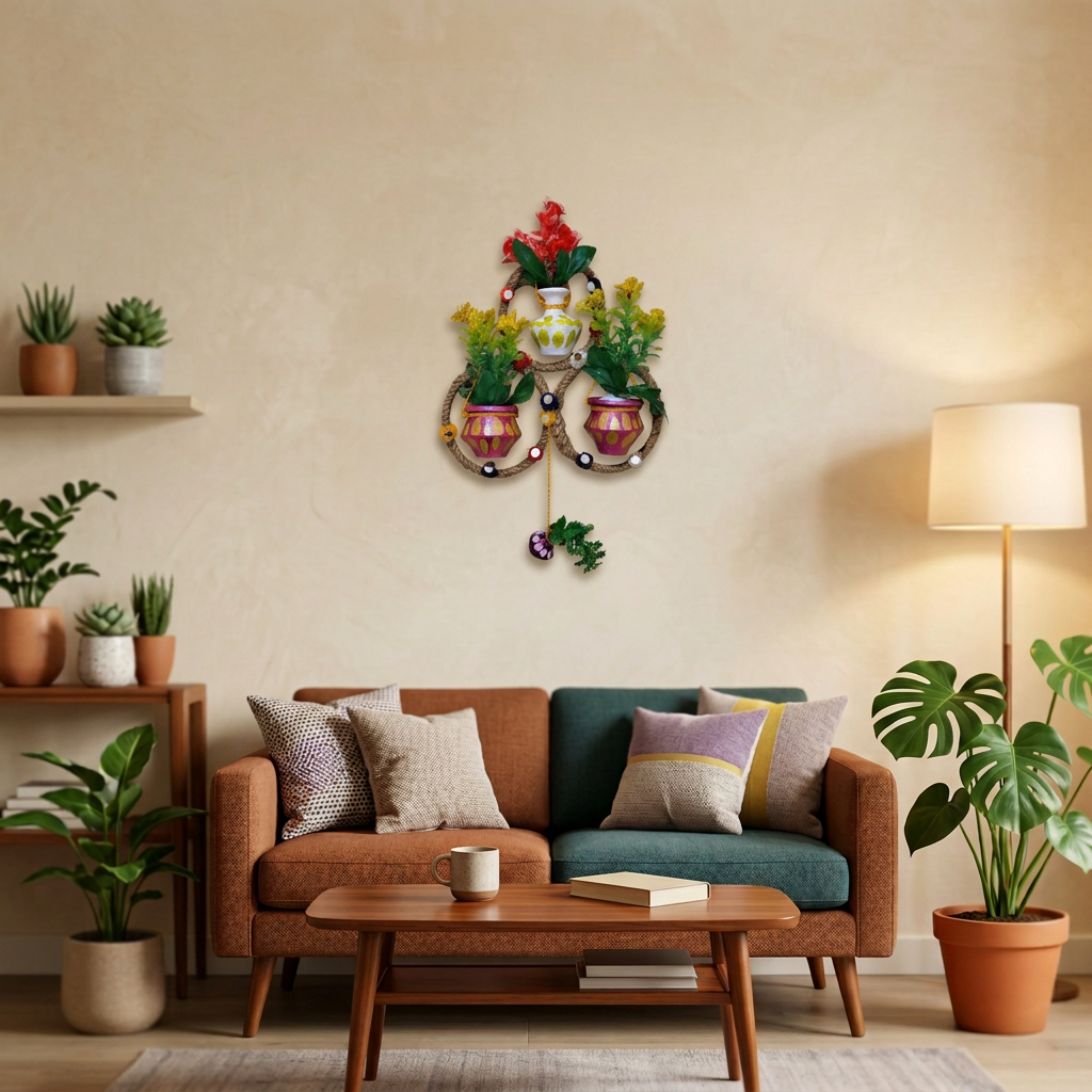 Handmade Triple Ring Wall Hanging with Painted Mud Pots and Artificial Flowers