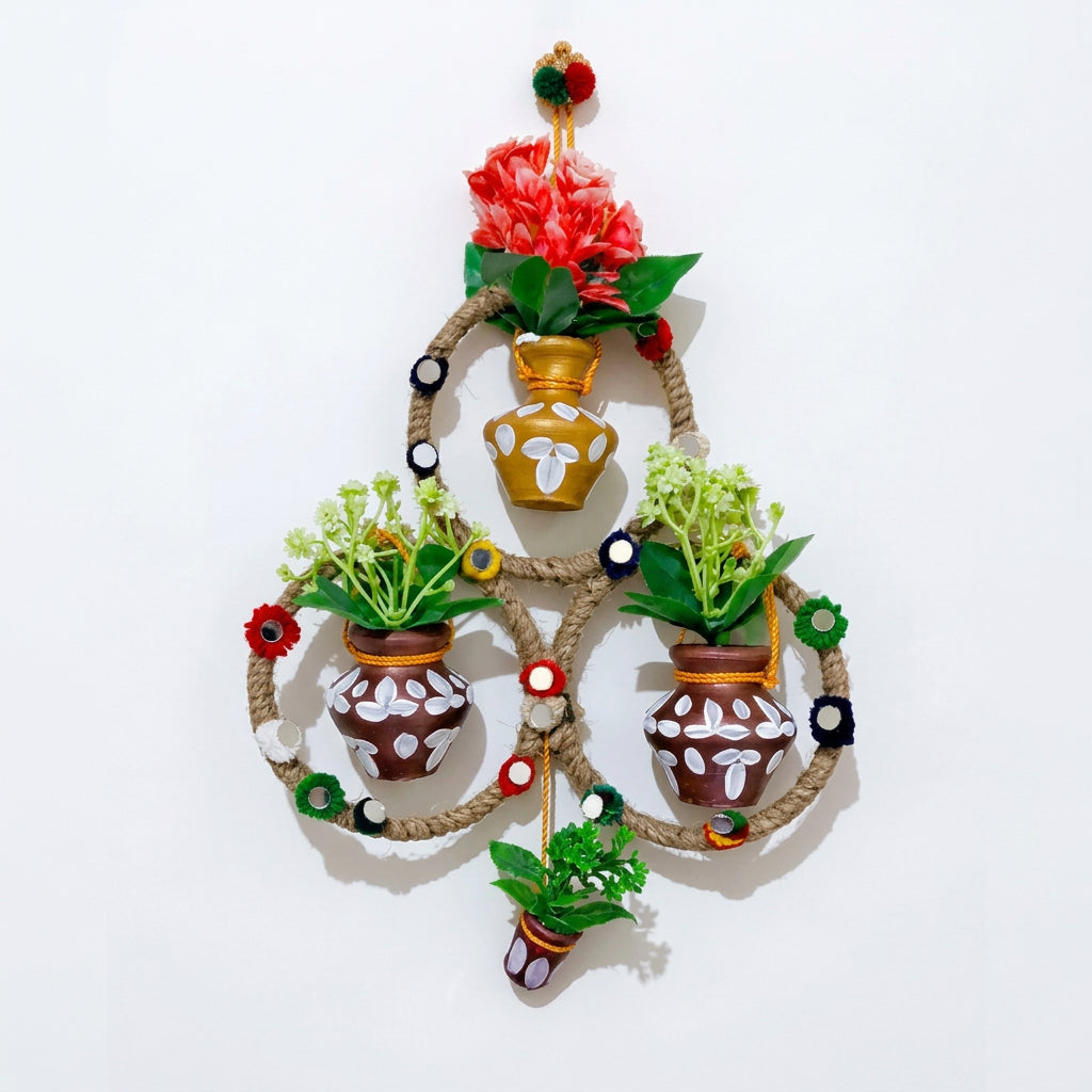 Handmade Triple Ring Wall Hanging with Painted Mud Pots and Artificial Flowers