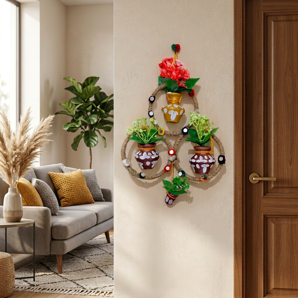 Handmade Triple Ring Wall Hanging with Painted Mud Pots and Artificial Flowers