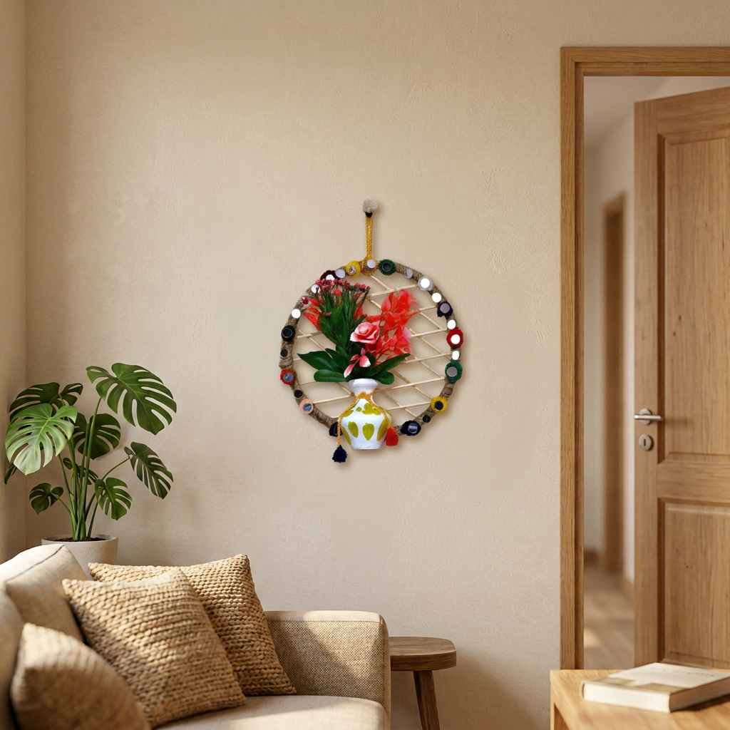 Handmade Circular woven stick framework wrapped in jute rope, decorated with mirror accents, a painted white pot, and artificial red and pink flowers
