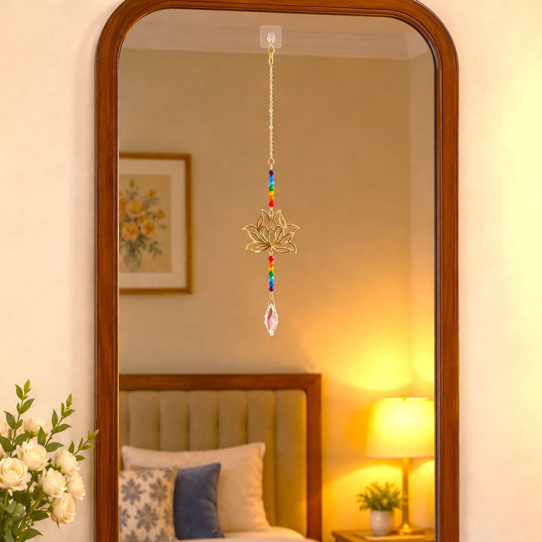 Golden Metallic Hanging Ornament with a Lotus Flower, Multi Colour Beads and Suncatcher Crystal Charm