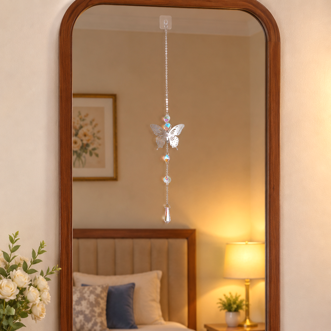 Silver Metallic Hanging Ornament with a Butterfly and Suncatcher Crystal Charms