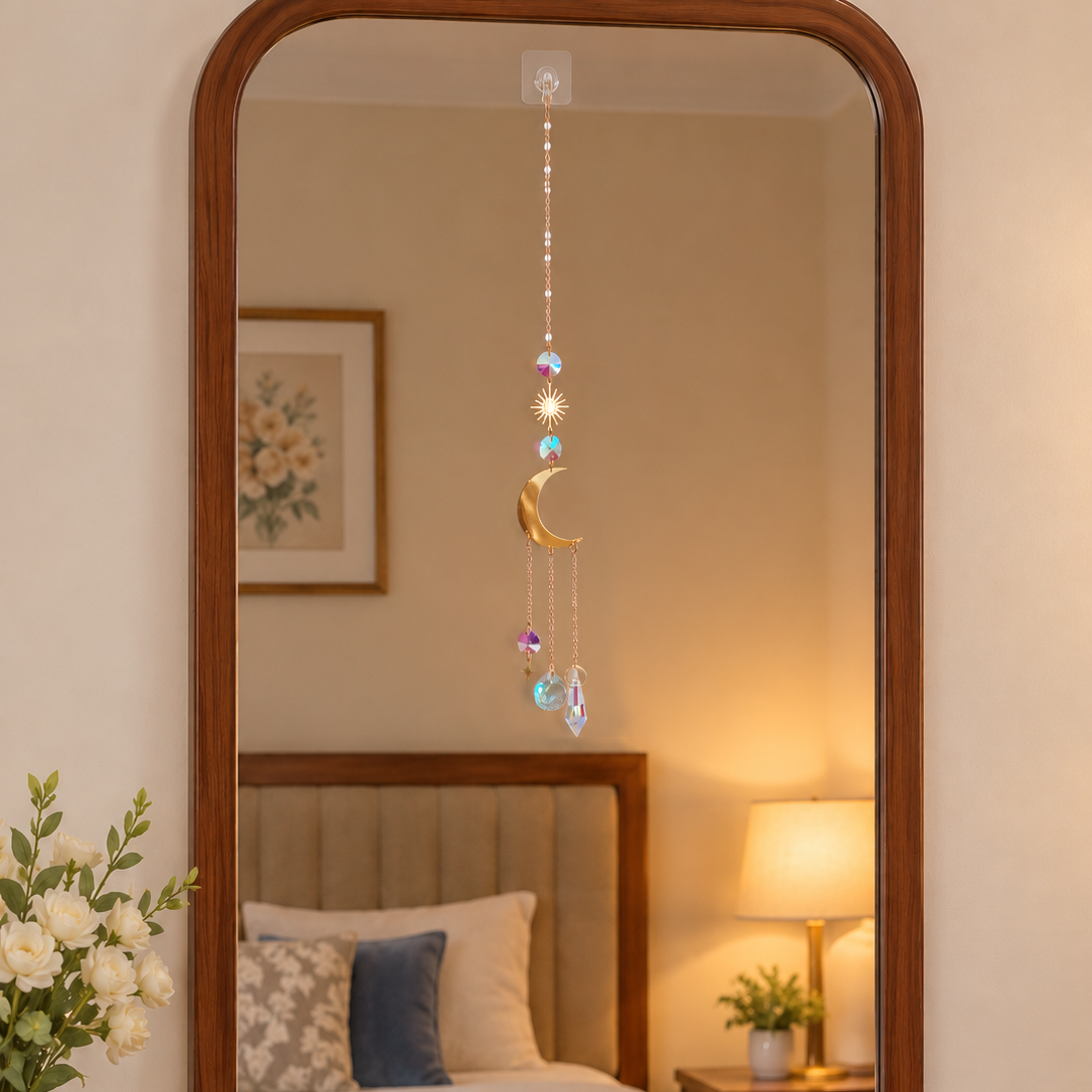 Golden Metallic Hanging Ornament with a Crescent Moon, Stars and Suncatcher Crystal Charm