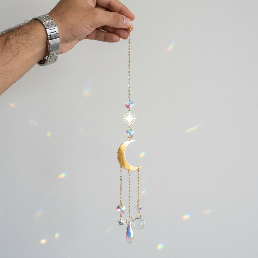 Golden Metallic Hanging Ornament with a Crescent Moon, Stars and Suncatcher Crystal Charm