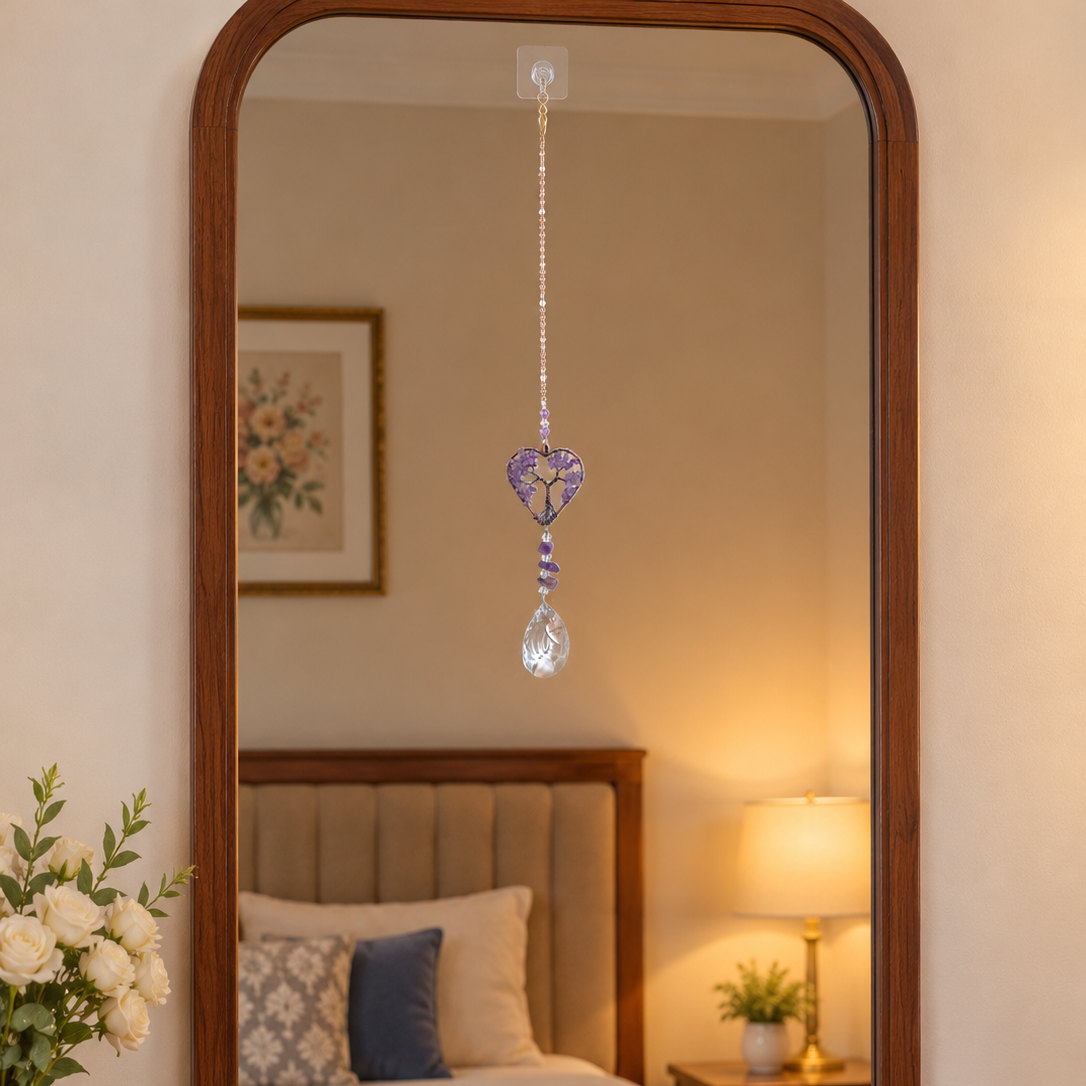 Antique Gold Metallic Hanging Ornament with a Purple Tree inside Heart and Suncatcher Crystal Charm