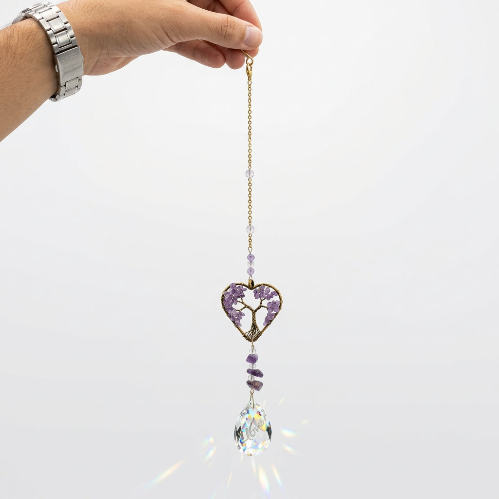 Antique Gold Metallic Hanging Ornament with a Purple Tree inside Heart and Suncatcher Crystal Charm