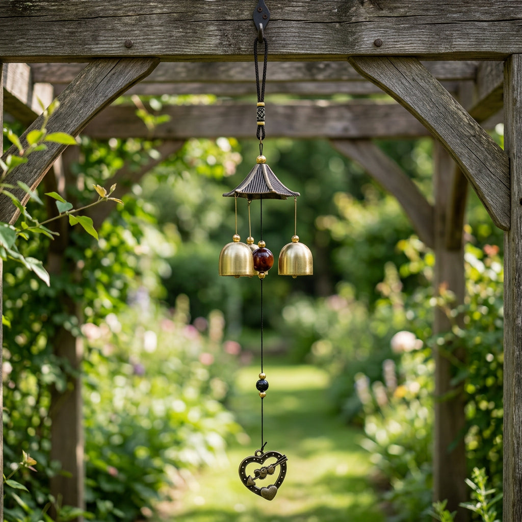 Metallic Wind Chime with a small pagoda-style top canopy, three crisp bells, and a heart-shaped charm hanging at the bottom