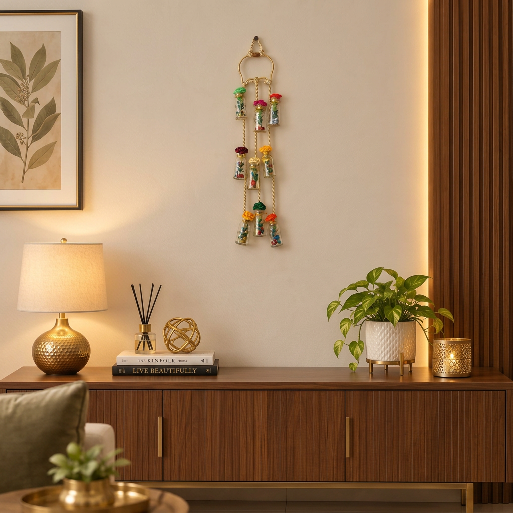 Handmade vertical hanging decoration made of recycled mini glass bottles and golden rope.